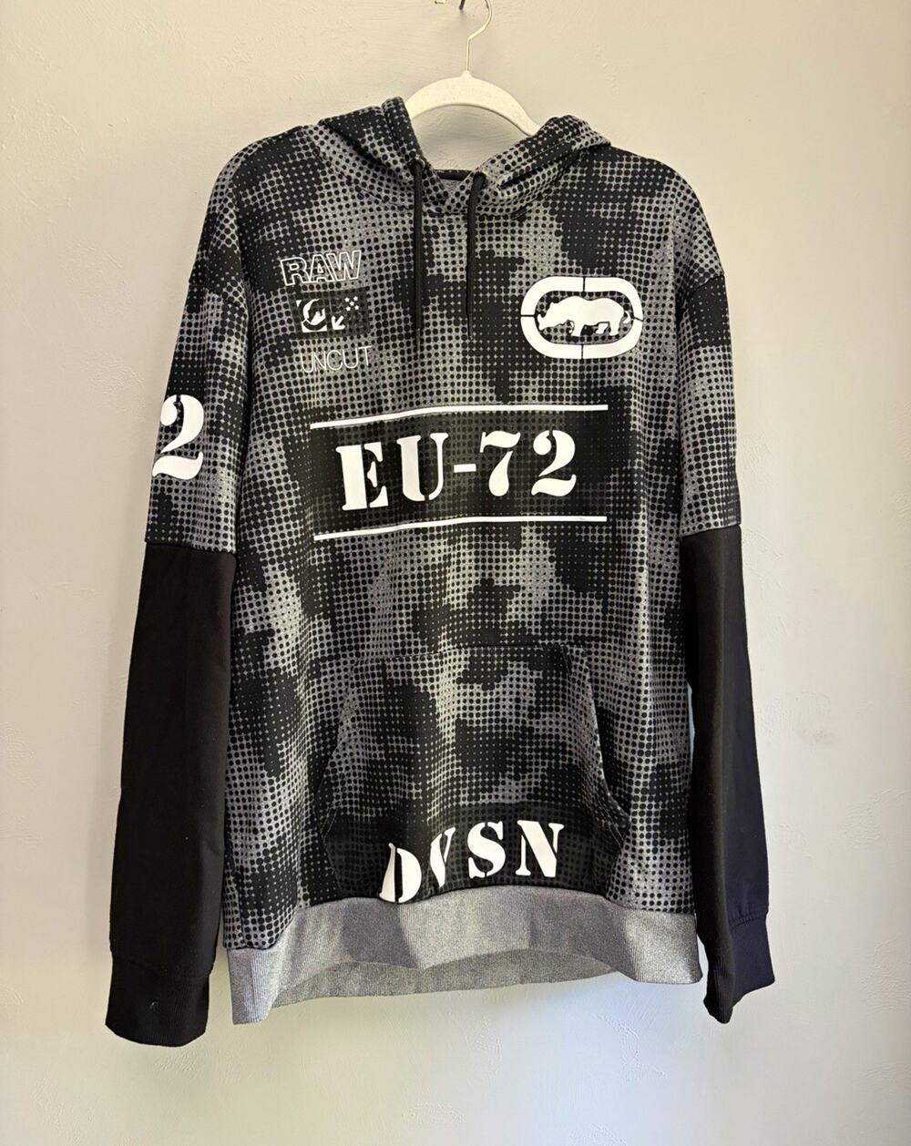Vintage Ecko Unltd. Mens Gray/Black/White Graphic Logo Fleece Pullover XL (0210)